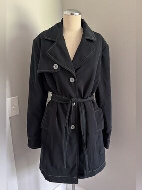 2002 Merona Women’s Black Belted Trench Coat Button Front Long Sleeve Size L